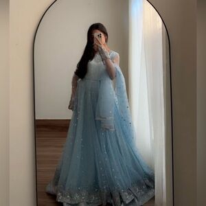 Elegant Blue and Silver Women's Pakistani Nikah Walima dress